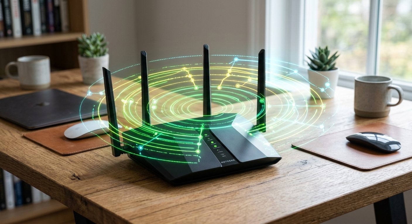 WiFi-router med synlige signalstyrke-indikatorer under diagnosticering af internetforbindelse
