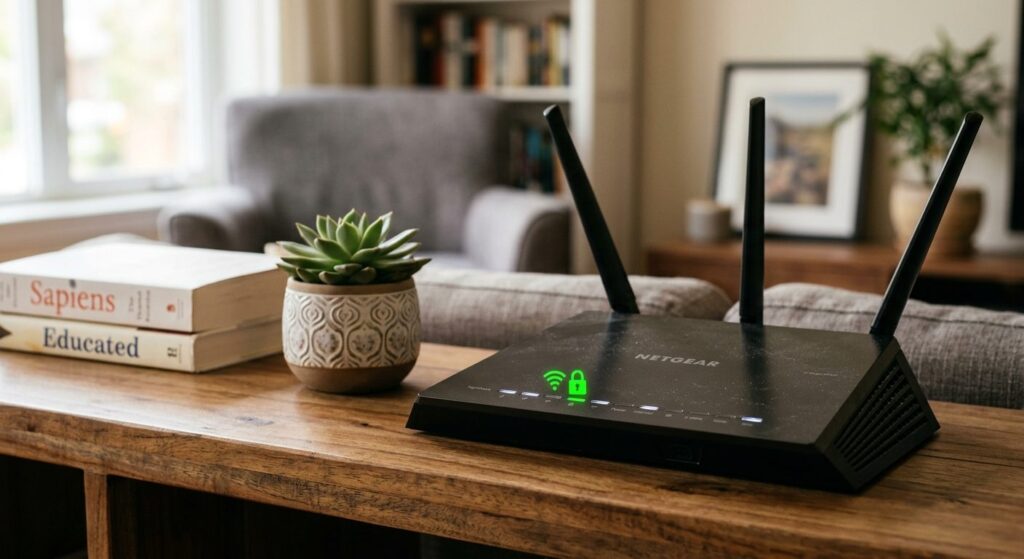 Wifi-router med sikkerhedsindikatorer der viser beskyttet netværk