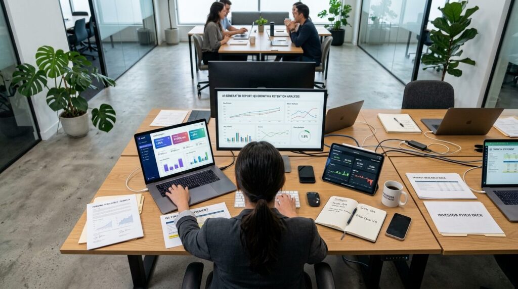 Photorealistic overhead view of a tech-savvy entrepreneur or