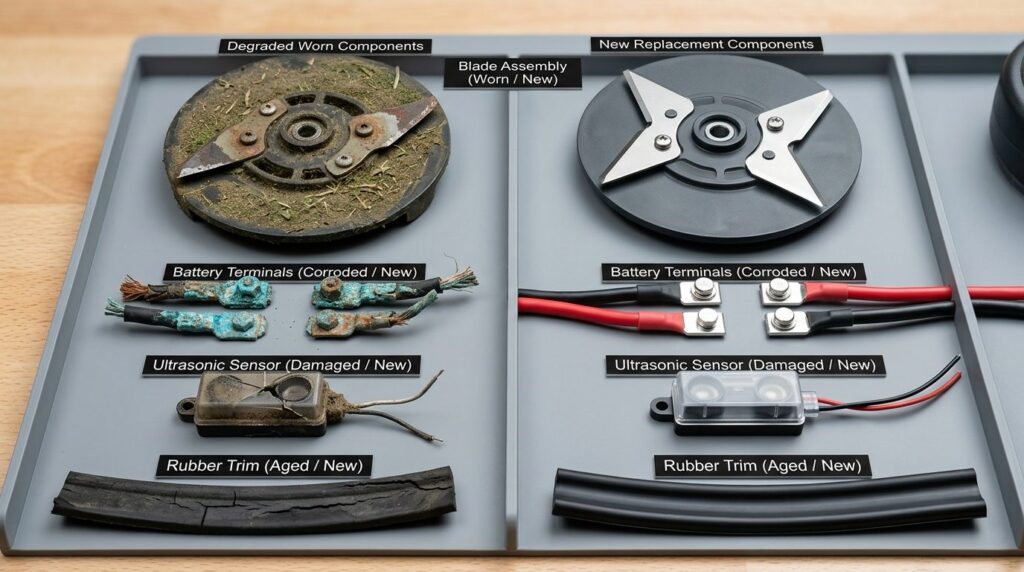 Close-up technical photography of robotic lawn mower interna