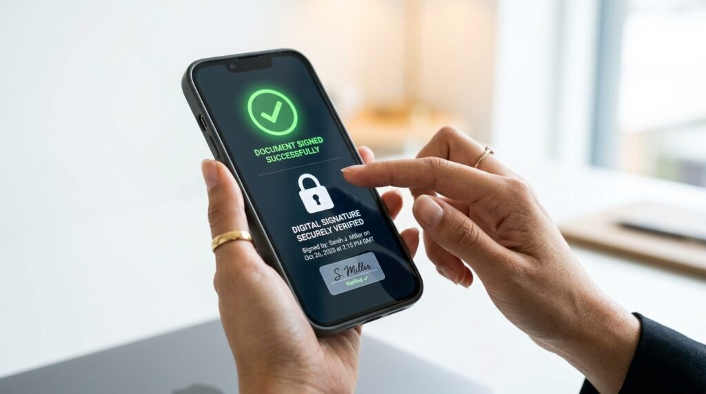 Hænder holder en smartphone tæt på kameraet.
