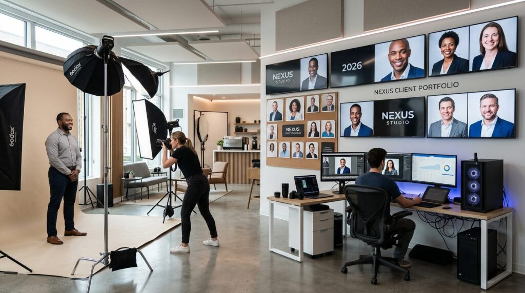 Tech-forward portrait photography studio interior, 2026 desi